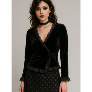 Ice Black Velvet Lace Wrap Long Sleeve Blouse Y2K Whimsigoth
